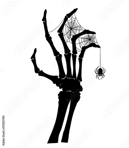 Skeleton Hand with Spider Web and Hanging Spider – Halloween Horror Symbol, Creepy Gothic Art
