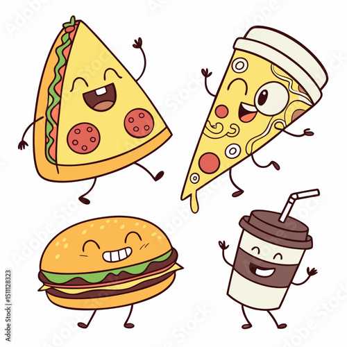 Illustration of cartoon fast food characters including pizza slices, burger and a drink cup dancing