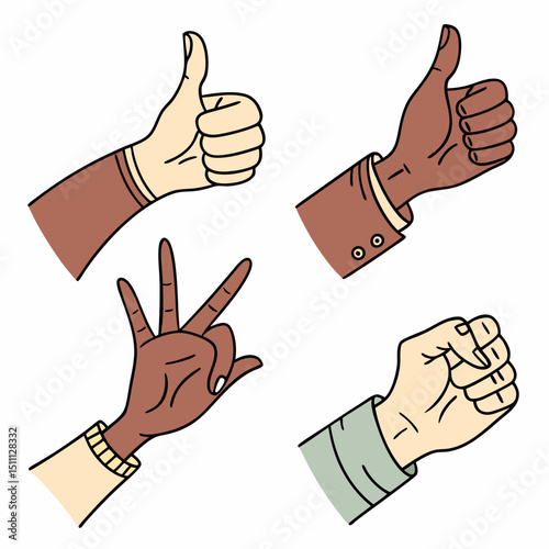 Illustration showcasing diverse hand gestures including thumbs up peace sign and clenched fist on white background
