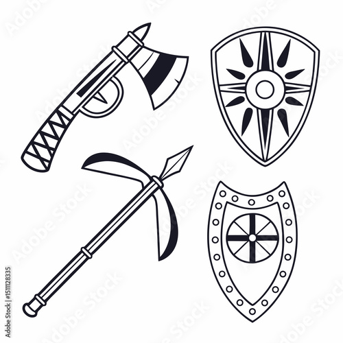 Illustration of an axe, a spear, and two shields with different designs in a black and white drawing