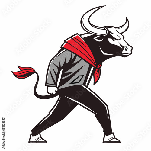 Illustration of a bull wearing a red scarf and a gray jacket with black pants and white shoes