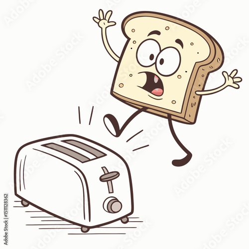 Cartoon illustration of a scared slice of bread running away from a white toaster with visible heating elements