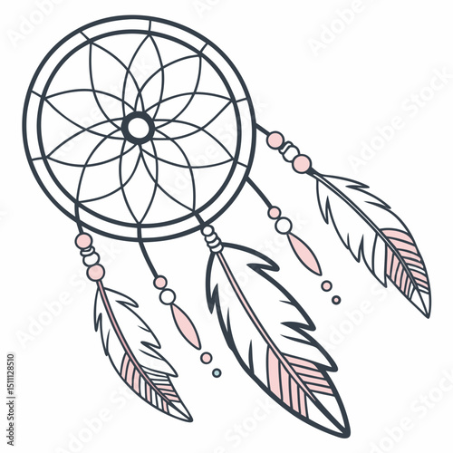 Illustration of a dream catcher with a circular web and three feathers hanging down with beads design