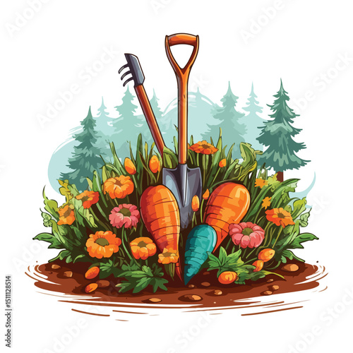 Professional Garden Scene with Carrots and Rake Vector Illustration