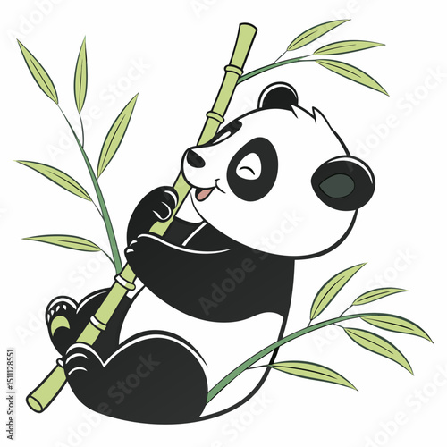 Illustration of a cute panda bear clinging to a bamboo stalk with green leaves on a white background