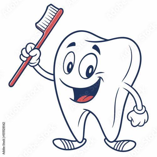 Cartoon tooth character holding a red toothbrush with a cheerful expression and shoes on its feet