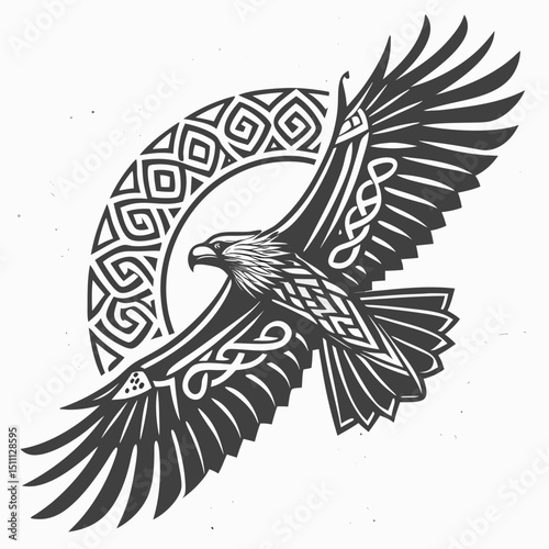 Detailed illustration of an eagle in flight with celtic knotwork and geometric circle design elements