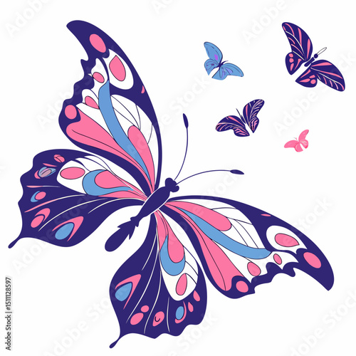 Illustration of a large butterfly with smaller butterflies in pink blue and dark purple colors design