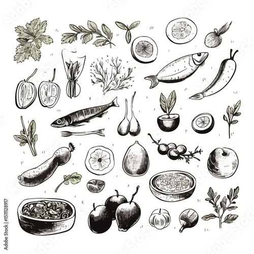 Hand-Drawn Fresh Meal Elements for Menu Decoration: Beautiful Food Sketches