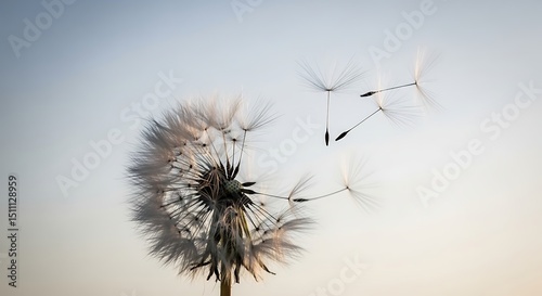 A close-up capture of a dandelion seedhead with some seeds detached floating gracefully in the wind. 