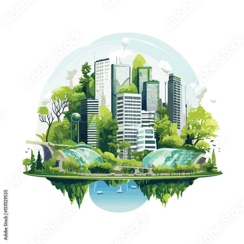 Urban landscape illustration showcasing modern city architecture with natural elements in vector design