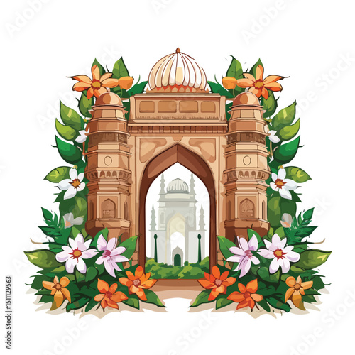 Illustration of Indian patriotic emblems, cartoons, gateway, and leaves for design projects