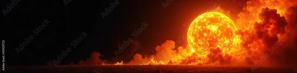 Obraz premium Spectacular fiery explosion, a swirling ball of intense orange and yellow flames against a black background Perfect for fantasy, destruction, power, and energy concepts , impact, explosion