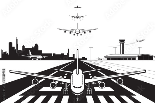 Passenger airplanes landing on runway at  city airport – vector illustration