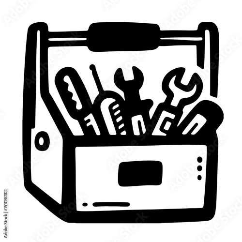 A black and white illustration of a toolbox filled with various tools.