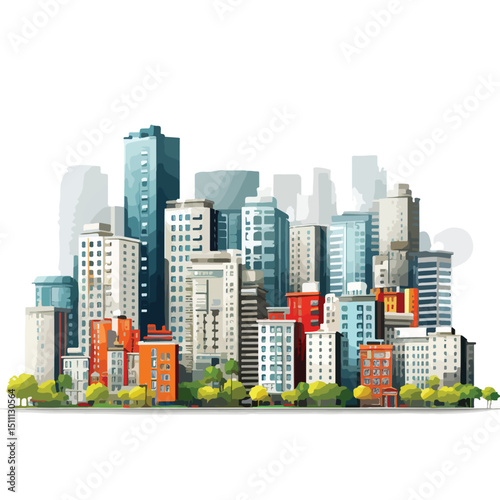 Contemporary Urban Landscape with Tall Many-Storeyed Buildings on White Background