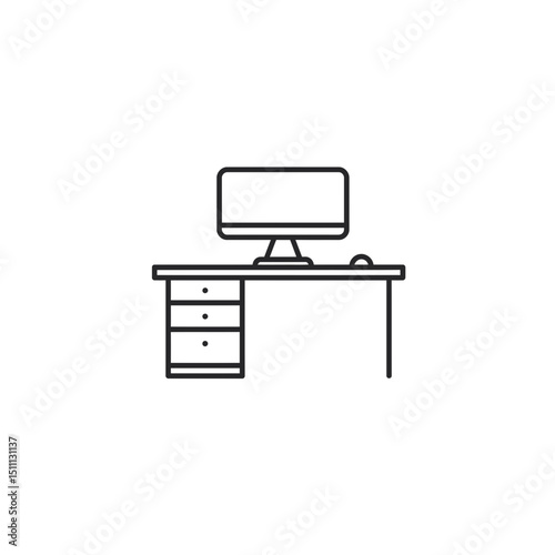 Computer desk setup with monitor and drawers in minimal style concept of icon  