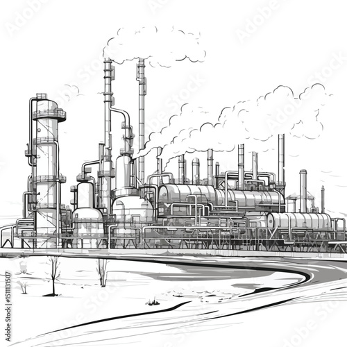High-quality Black and White Vector Illustration of a Petroleum Refinery Pump for Industrial Applications