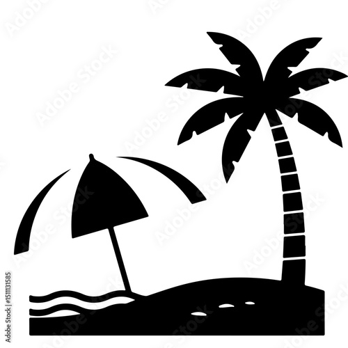 A beach umbrella and palm tree on a sandy shore, illustrated in a simple black silhouette.
