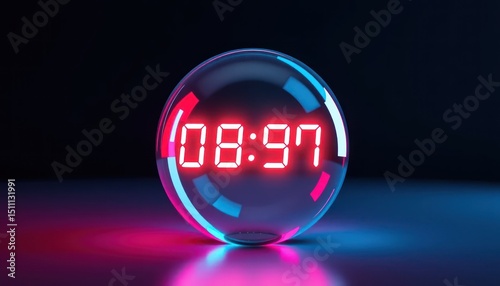 Time Capsule: A Neon Digital Clock Encased in Glass, Futuristic Countdown
