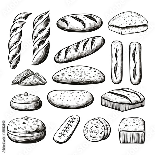 Professional Set of Black and White Bread Vector Illustrations for Culinary Designs