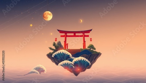 Floating torii gate island, serenity and fantasy landscape concept art