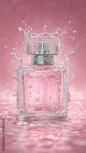 Elegance in motion perfume bottle splash on pink gradient