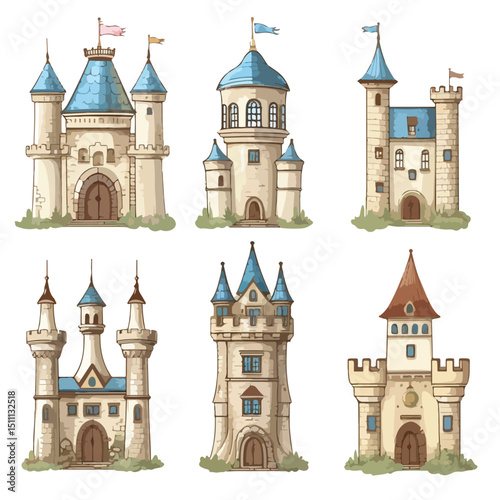Set of Six Antique Castle Sitting Icons Vector Illustration in Stock Vector Format