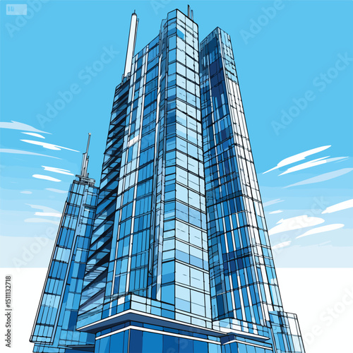 Modern Skyscraper Building Isolated on Blue Lines - Architectural Illustration for Business and Real Estate Concepts