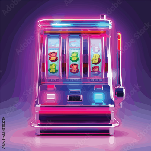 Vibrant Slot Machine Casino Neon Light Label Vector Illustration for Designs