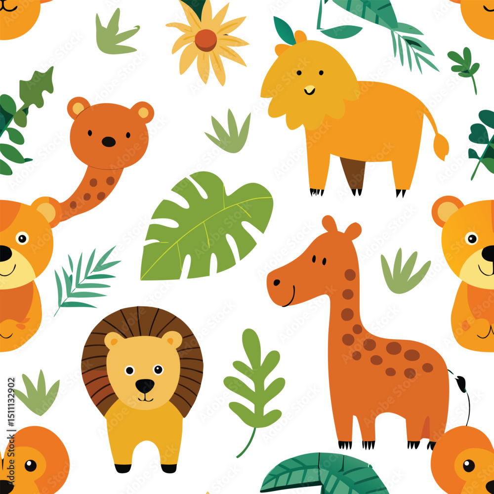 Naklejka premium Adorable Safari Animals and Jungle Leaves Seamless Pattern