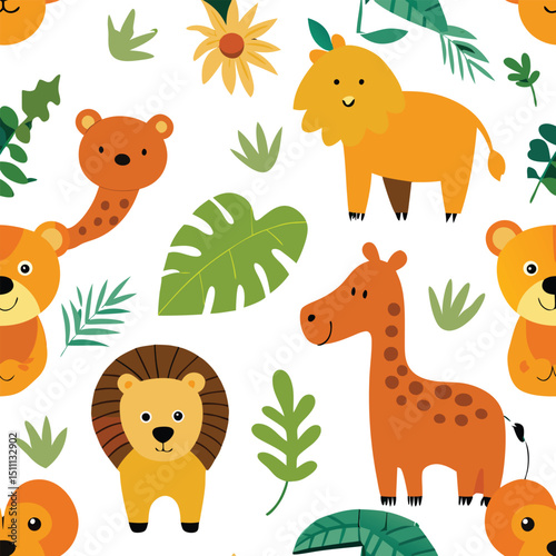  Adorable Safari Animals and Jungle Leaves Seamless Pattern