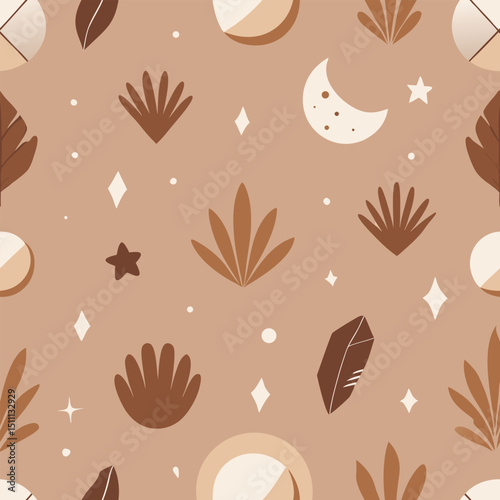Boho Celestial and Botanical Terracotta Seamless Pattern