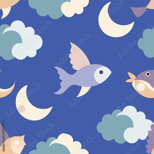 Dreamy Flying Fish and Celestial Clouds Seamless Pattern