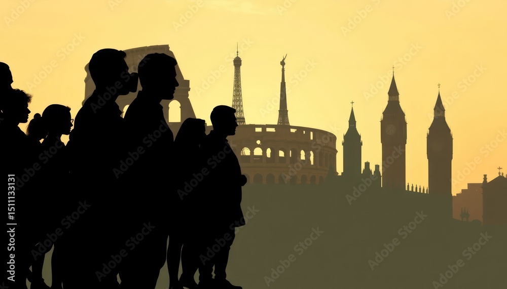 Fototapeta premium Europe Exploration: Silhouetted travelers with iconic landmarks at dusk