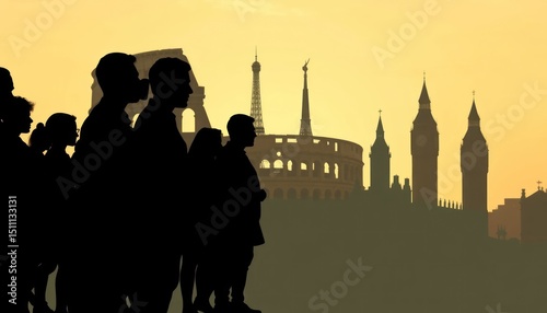 Europe Exploration: Silhouetted travelers with iconic landmarks at dusk