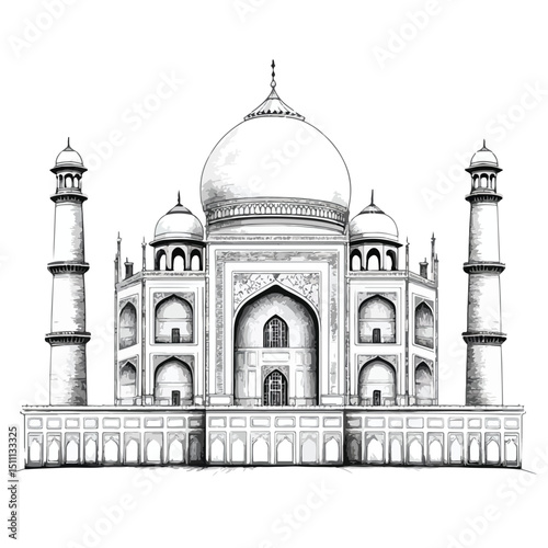 Detailed Taj Mahal Architecture Vector Illustration Isolated on White Background