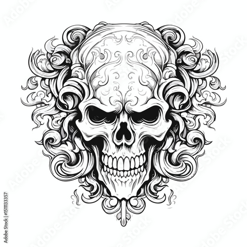 Detailed Black and White Vector Illustration of a Skull Tattoo Drawing