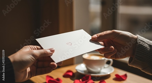 Close-up image of one hand passing a folded greeting card with a small heart on the front to another hand. The card is white or pale pink, with a clean and elegant design. 