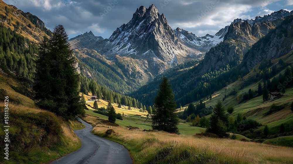 Obraz premium Alpine Road with Mountain Valley.
