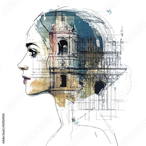 Professional Woman Avatar Illustration in Architecture Environment Vector Scribble Art