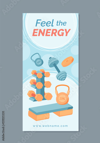 Minimal gym banner with sport equipment and fitness tools. Banner design with dumbbells, kettlebells, and mat for strength workout training. Clean background ideal for fitness flyers, health posters,