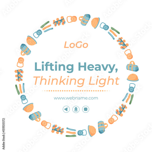 Colorful flat sport equipment banner design. Vibrant gym and workout tools placed in a circular frame. Perfect for training, fitness, and exercise concepts with a simple minimal background design.