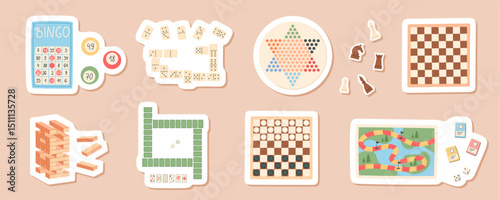 Flat style sticker set of board games. Includes chess, bingo, domino, dice, and puzzle pieces. Fun and playful boardgame collection for family entertainment or childhood table play.