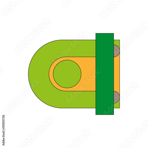 Mechanical part shape. Industrial vector object. Green yellow element. Simple abstract form