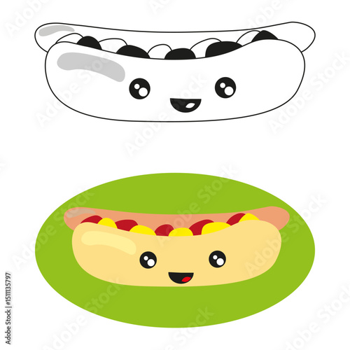 Hot dog character. Smiling food icon. Funny vector sandwich. Kawaii style face.