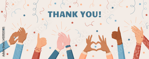 Diverse colorful hands raised in cheerful applause. Multicultural gestures symbolizing greeting, celebration, and appreciation. Community poster theme with unity and friendship, perfect for colorful