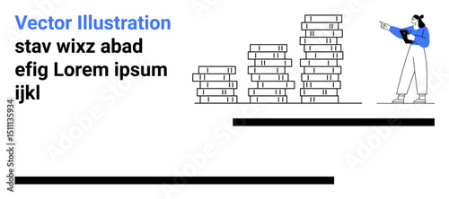 Woman pointing at increasing stacked coins, symbolizing finance, investment, savings, wealth, growth, progress, and future planning. Ideal for business strategy financial goals investment advice