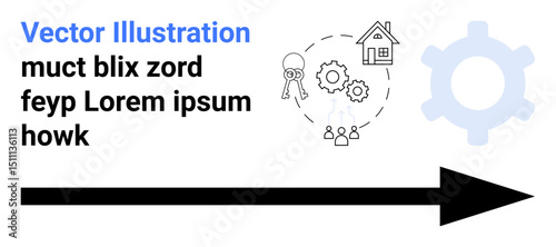 Black arrow symbolizes direction and progress, accompanied by gear, human figures, house, and key graphics for context. Ideal for business, teamwork, progress, property technology navigation