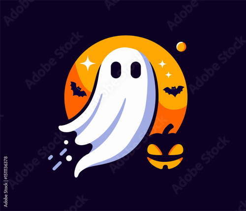 Cute vector spook. Cartoon Halloween ghost character. Halloween Promotion Poster. Scary spooky personage. Magic scary spirit. Halloween levitating phantom. Happy Halloween greeting card with ghost
